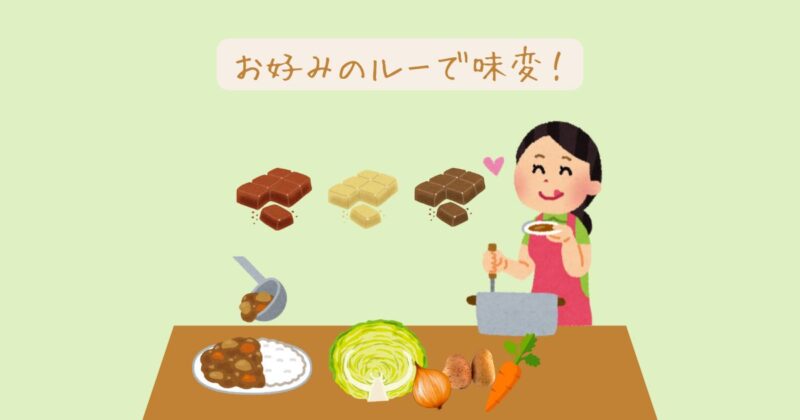 カレーライスの盛り付けと、味見をしている様子。周囲にはカレールーとカレーに使う野菜類が並べられている。テキストに『お好みのルーで味変!』と書かれている。