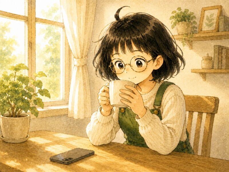 明るい窓辺で、スマートフォンを伏せて置き、マグカップを両手で持って穏やかに微笑んでいる女性のイラスト