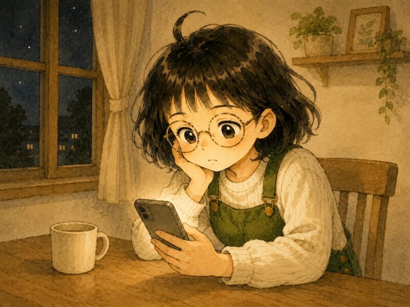 夜のテーブルで頬づえをつき、スマートフォンの画面をじっと見つめて疲れた表情をしている女性のイラスト