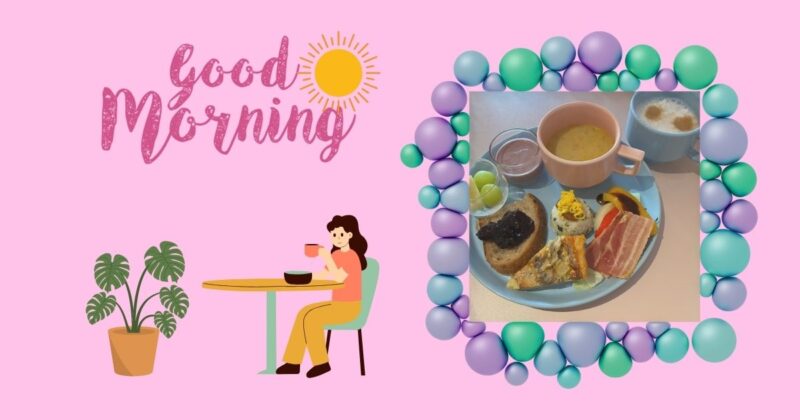 ホテルの朝食プレートとカフェラテでゆったり朝時間