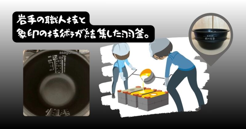 岩手の南部鉄器職人が鋳造し、象印の技術で仕上げられた羽釜。職人技と家電技術が融合した逸品。