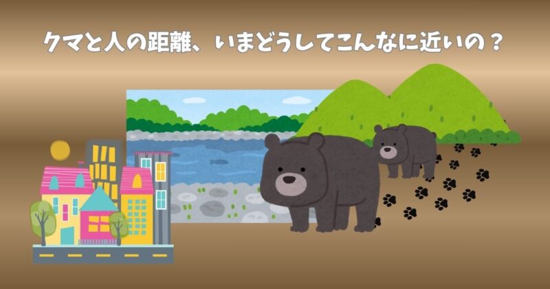 森の中から町の方へ近づくクマの姿を描いたイラスト。人とクマの生活圏が近づいている様子を表している。