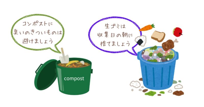 コンポスト容器に生ゴミが入っている様子のイラスト。「コンポストに臭いのきついものは避けましょう」。ゴミ箱に生ゴミが入っている様子に「生ごみは収集日の朝に出しましょう」のメッセージ入り。