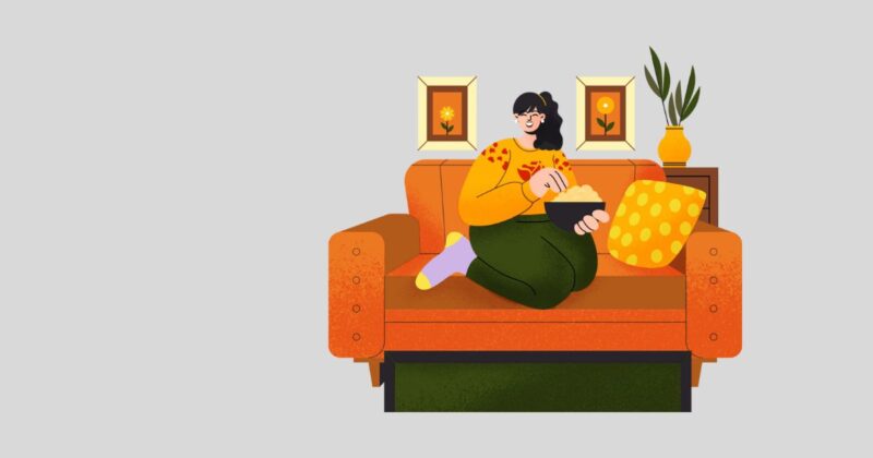 冬の朝、ソファでリラックスする女性のイラスト