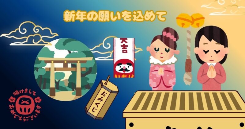 母と娘が初詣でお参りをしている様子と、おみくじ、神社の境内の様子