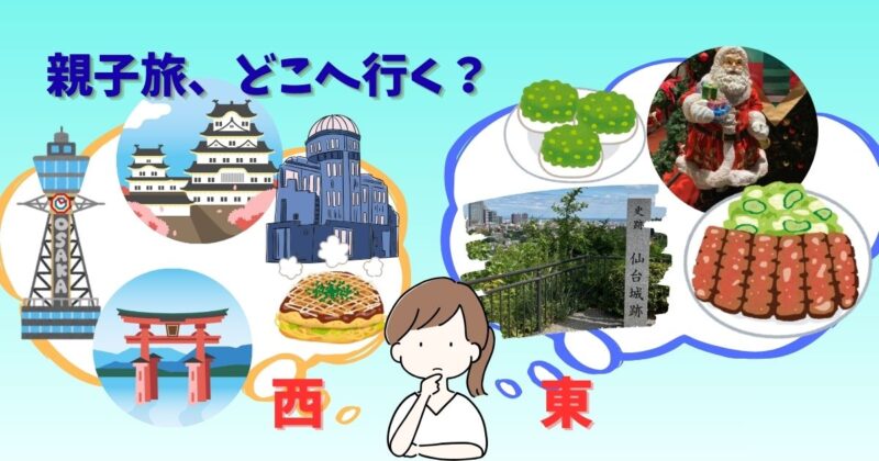 親子旅行の行き先として、東に行くか西に行くかを悩んでいる様子を表した画像