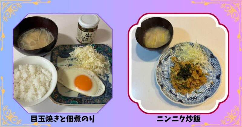 月曜日の定番ごはんと目玉焼きと味噌汁、火曜日のニンニク炒飯の写真