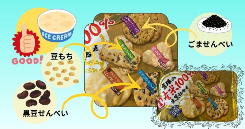 しょっぱい煎餅とアイスクリームを組み合わせたおやつの写真とイラスト。せんべいとアイスが並び、甘じょっぱい相性の良さが伝わる雰囲気。