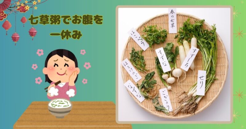 春の七草と名前が添えられた写真。「七草粥でお腹を一休み」と文字も入っています。