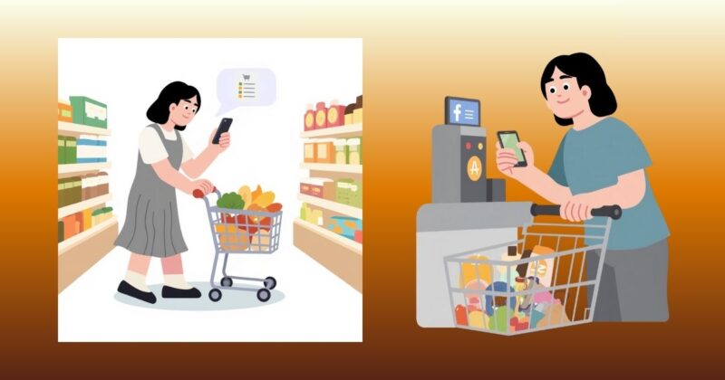 スーパーで買い物カゴを持ってお買い物している人のイラスト