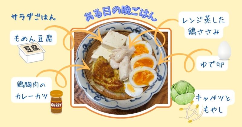 ある日の晩ごはん。サラダのみの食卓で、豆腐やゆで卵などの具材がのったボリュームのある一皿。
