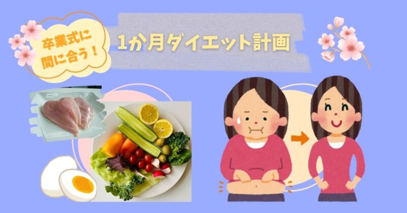 卒業式に間に合う1ヶ月ダイエット計画のアイキャッチ。ダイエットのイラストと、ゆで卵・鶏胸肉・サラダのダイエットメニューを並べた画像