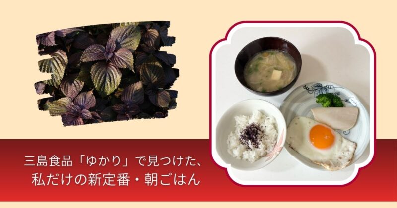 白いごはんの上に半熟目玉焼きとふりかけ「ゆかり」がのった朝ごはんの写真。個人の体験で見つけた新定番メニューを表現。