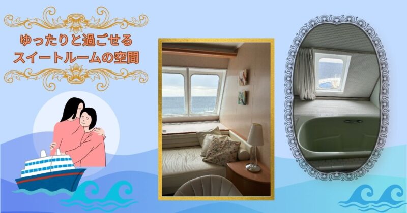 スイートルームのソファと浴室の様子を並べた室内写真