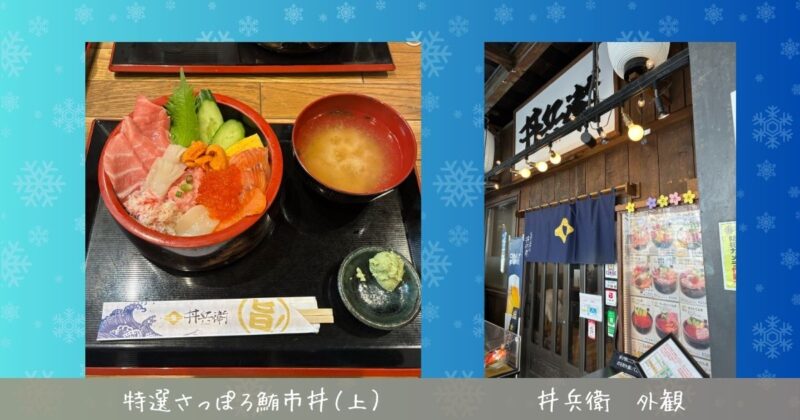 二条市場にある海鮮丼専門店「丼兵衛」の外観と、特選さっぽろ鮪市丼（上）の写真。
