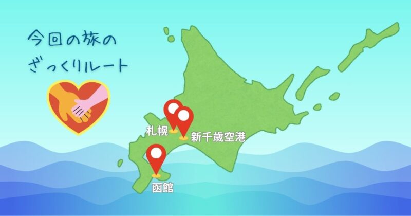 北海道地図に札幌・新千歳空港・函館の位置を示した親子旅行のルートイメージ