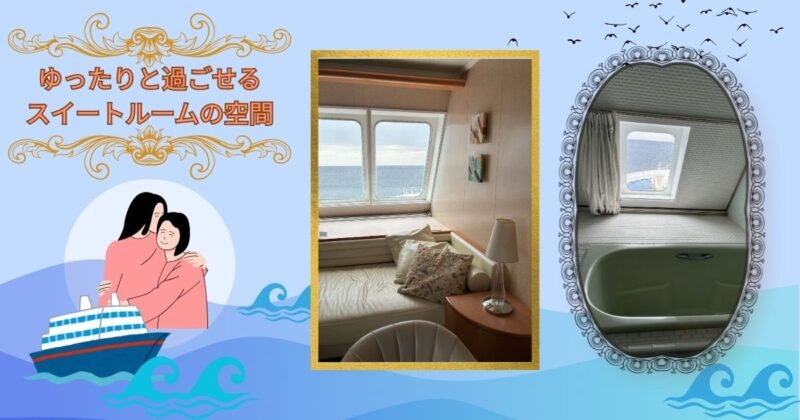 スイートルームのソファと浴室の様子を並べた室内写真