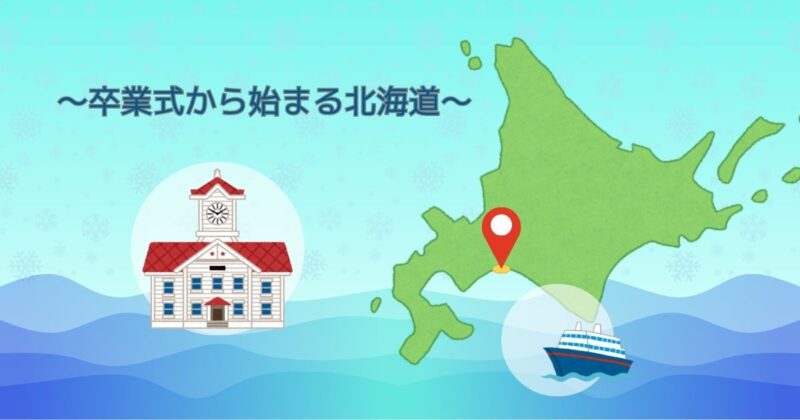 卒業式から始まる北海道をテーマにしたアイキャッチ画像。北海道の地図、学校の建物、フェリー、雪の背景が描かれている。