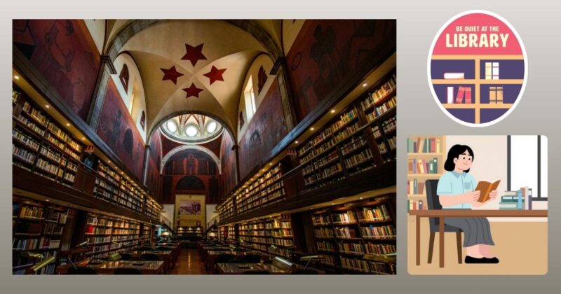 図書室の写真と本を読む女の子のイラストを並べた画像