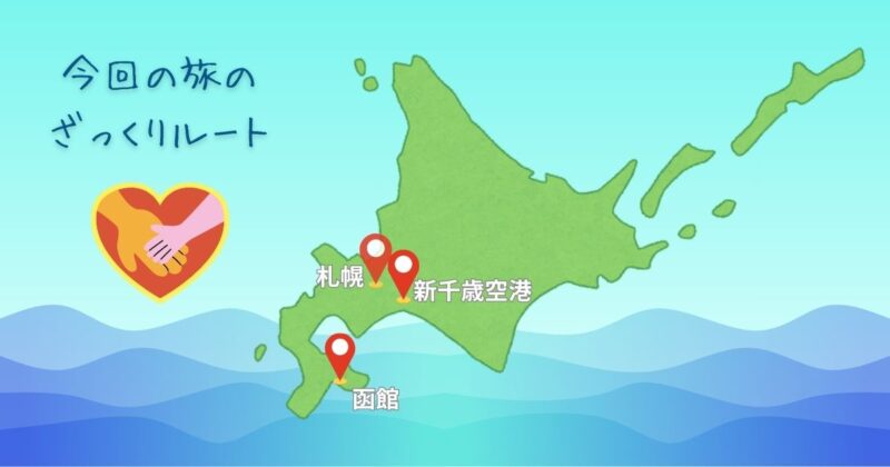 今回の旅のざっくりルートとして、札幌、新千歳空港、函館を北海道地図上に示したイラスト