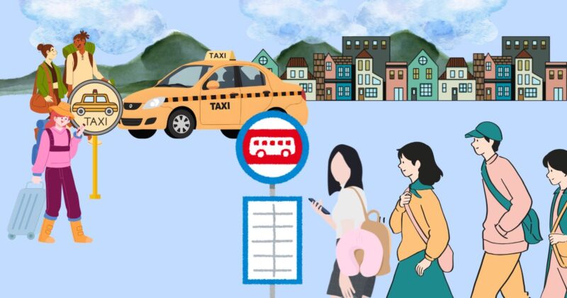 バス停でバスを待ちながら、タクシー利用について考える女性のイラスト。