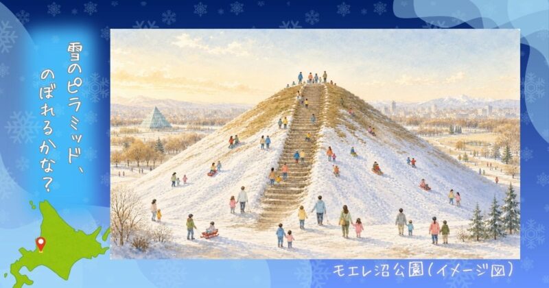 雪に覆われたモエレ沼公園のプレイ・マウンテン。家族連れが雪の石段を登り降りしている水彩イラスト（イメージ図）