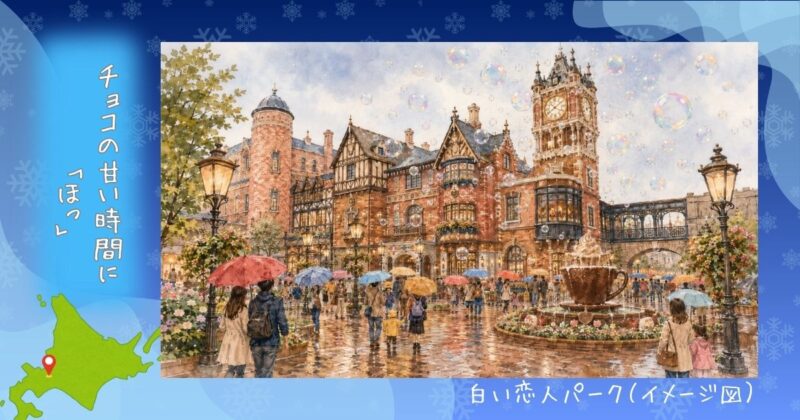 雨の日の白い恋人パーク。カラフルな傘をさした観光客でにぎわう中庭と、時計塔・シャボン玉の水彩イラスト（イメージ図）