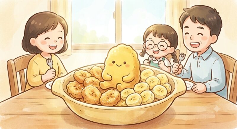 食卓を囲んで調理したプランテン料理を楽しむ家族4人。大きなお皿に揚げたプランテンとスライスしたバナナが盛られ、中央には調理用バナナのキャラクターがちょこんと座っている。みんな笑顔でフォークを手に持っている