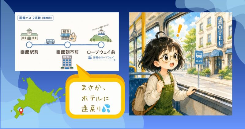 函館駅前から函館朝市前を経てロープウェイ前まで向かうバス路線の簡略図。ホテルは函館朝市前のそば。バスの車内から窓の外のホテル前バス停に気づいて驚く女の子のイラストと、「まさか、ホテルに逆戻り」の吹き出し