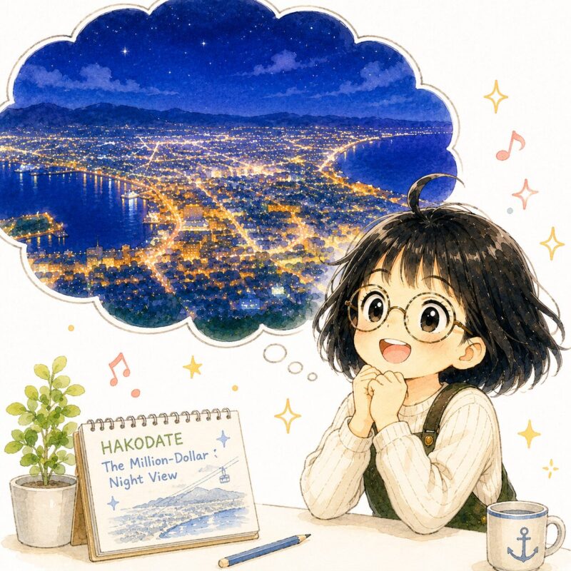函館山の百万ドルの夜景を思い描いてワクワクする女の子のイラスト。吹き出しの中に函館の夜景、手前には「HAKODATE The Million-Dollar Night View」と書かれたノートとロープウェイのスケッチ、観葉植物とマグカップが置かれている