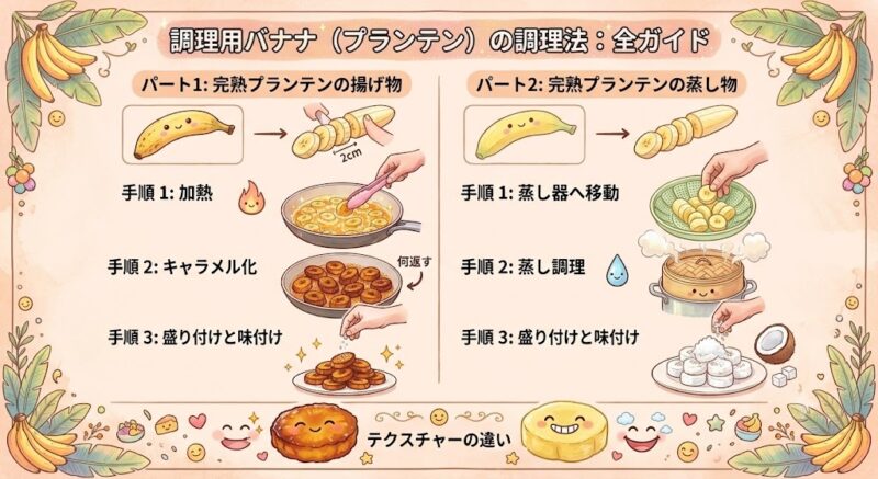 調理用バナナ(プランテン)の調理法ガイド。完熟プランテンの揚げ物(加熱・キャラメル化・盛り付け)と蒸し物(蒸し器へ移動・蒸し調理・盛り付け)の手順を、それぞれ3ステップのイラストで説明
