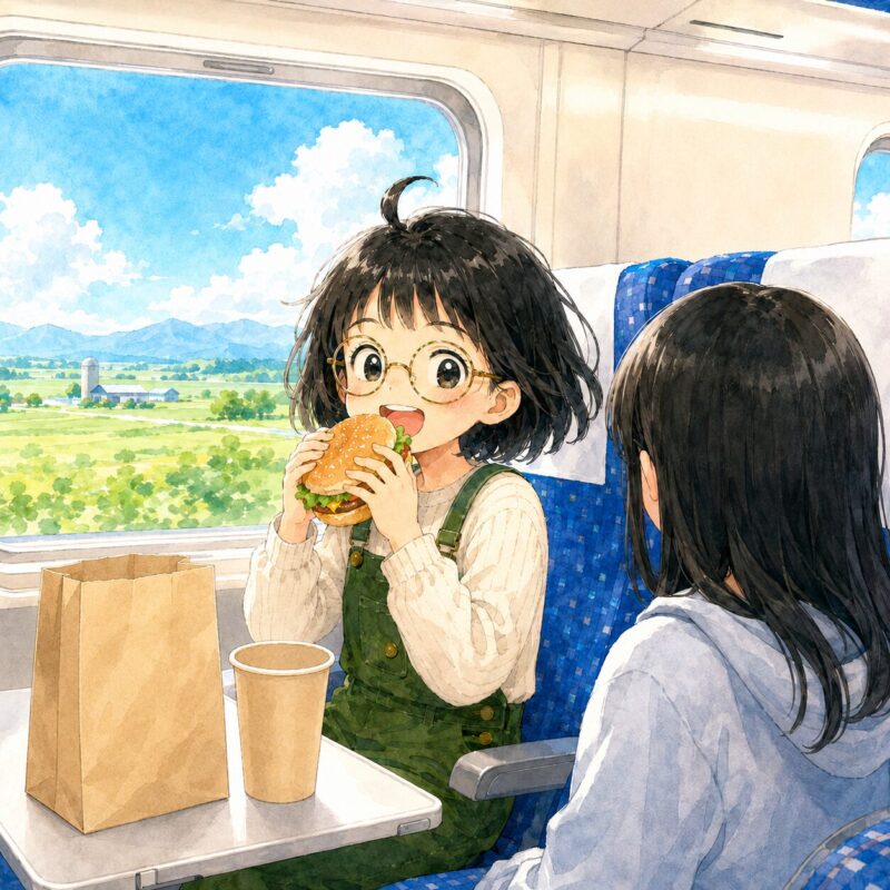 新幹線の車内でハンバーガーを頬張る女の子のイラスト。テーブルには紙袋とカップが置かれ、車窓には緑豊かな田園風景と山並みが広がっている