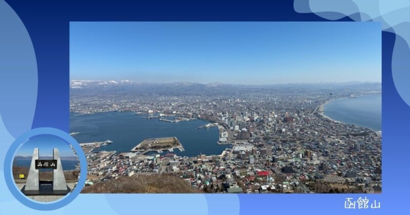 朝の函館山山頂から見下ろした函館の街並みと港。左下に函館山山頂の石碑の写真を丸く配置