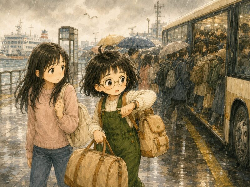 雨の仙台港行きのバス停で、満員のバスに乗れず、腕時計を見て焦る母娘。奥には太平洋フェリーが停まっている水彩イラスト。