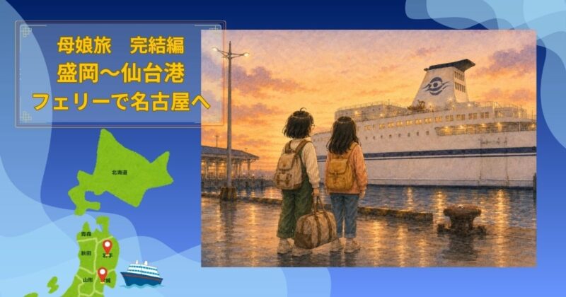 母娘二人が夕暮れの仙台港でフェリー「きそ」を見つめる後ろ姿のイラスト。旅の終わりを表現した、北海道・東北旅行完結編のイメージ画像。
