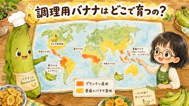 「調理用バナナはどこで育つの?」と題した世界地図。プランテン産地(オレンジ)と普通のバナナ産地(黄色)を色分けし、カリブ海地域・中央アメリカ・南アメリカ・西アフリカ・中央アフリカ・東南アジアを示す。バナナくんとうっちーが地図を指差している